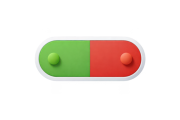 Toggle switch icon on transparent background isolated, green and red 3d on off button, rounded capsule ui control for app interface settings
