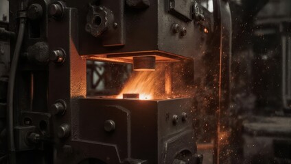 Heavy industrial forging press shaping glowing hot metal in a manufacturing factory.