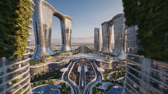 Futuristic Cityscape with Skyscrapers and Elevated Transit Systems.