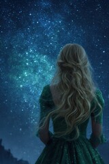 Fototapeta premium Woman In Emerald Gown Gazing At Starry Night Sky Mysterious Fantasy Scene