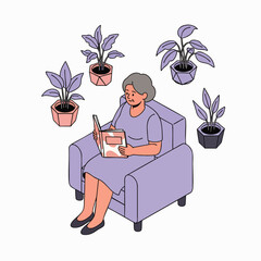 Isometric illustration: Senior woman relaxing in armchair, reading book, surrounded by houseplants. Cozy home leisure, peaceful lifestyle, hobby.