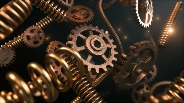 A close-up view of gears, springs, and other mechanical elements in shades of gold