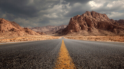An open road leads through a desert landscape with mountains under a cloudy sky