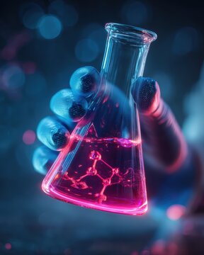 Cosmic ripple elixir in a transparent prism flask, grasped by a holographic hand with faint digital patterns, with glowing molecular patterns in the ice, set against an abstract cosmic setting, lit