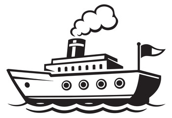 Obraz premium Line art illustration of a steamboat depicting sailing with smoke for transportation