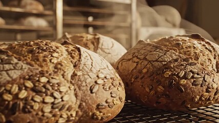Rustic loaves of multigrain bread with prominent seeds and cracked crusts cooling on a bakery rack