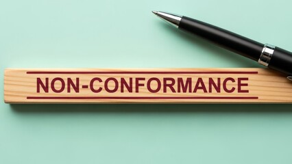 Wooden stick labeled 'NON-CONFORMANCE' with a black pen placed beside it on a light green surface, signifying a quality control issue.