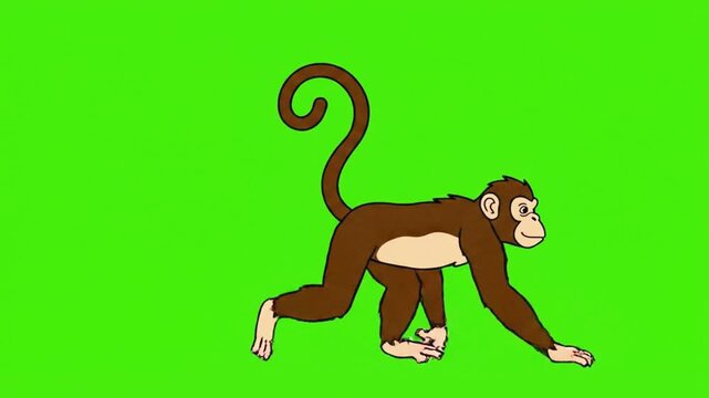 A playful cartoon monkey with brown fur and a long, curled tail is crawling forward on a bright green background.