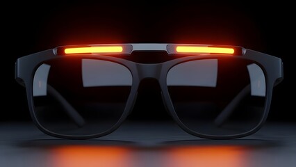 Black glasses with glowing orange lights on the frame against a dark background eyeglasses