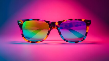 Colorful tortoiseshell sunglasses with reflective lenses on gradient background