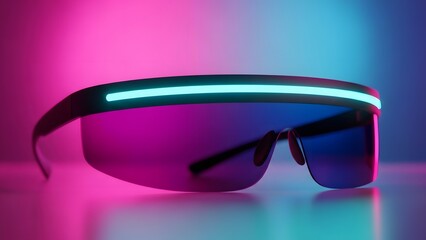 Futuristic augmented reality glasses with glowing blue frame on colorful gradient background