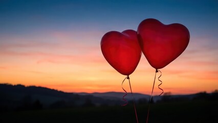 Obraz premium Two Red Heart Shaped Balloons Floating Against Clear Blue Sky At Sunset