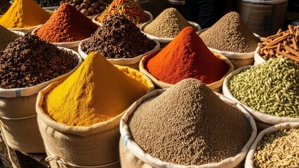 Vibrant colorful piles of various spices and herbs in burlap sacks at market with food and cooking and culinary and ingredients and assortment and aromatic with flavorful