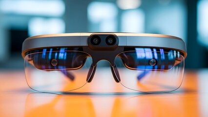 Smart glasses with dual cameras on a reflective surface in a modern office setting