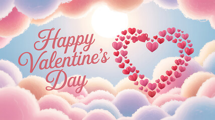 A vibrant valentine s day background featuring a heart shape made of smaller hearts amidst fluffy clouds and sunlight