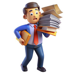 Stressed businessman overwhelmed with paperwork load isolated on transparent background