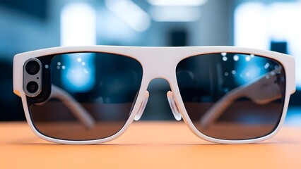 White sunglasses with camera on the left lens on a wooden surface