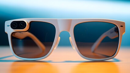 White sunglasses with dual cameras on the left lens lenses