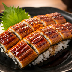 Grilled eel sushi rolls on a bed of rice