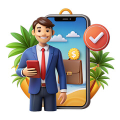 Business man holding phone with beach scene isolated on transparent background