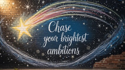 Chalkboard mural on brick facade inspires chasing brightest ambitions amidst a starry night sky