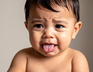 Close-up of a baby's face, making a funny grimace