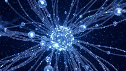 Glowing blue fiber optic strands radiate from a central point against a dark background with sparkling particles and bubbles with technology and science with innovation