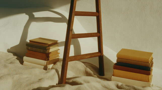 Ladder book stack vintage shadow sunlight interior education cozy aesthetic ladder leaning floor with stacked vintage book warm sunlight shadow