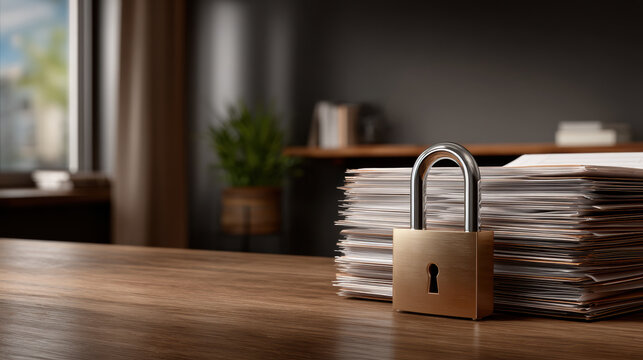 Security data privacy protection document lock office confidential cyber archive Secure lock protects confidential document stack wooden desk