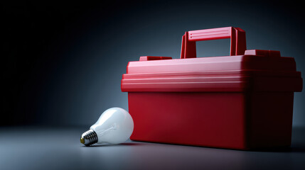 Red toolbox light bulb tool container plastic hardware repair storage innovation idea concept minimal dark closeup object equipment electricity