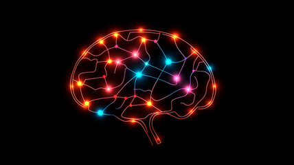Glowing brain abstract neural network colorful lines black background digital art