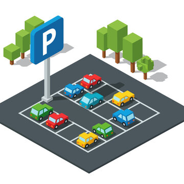 Isometric Parking Lot with Cars and Sign.