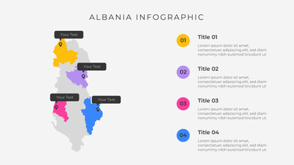 Albania map infographic template with 4 options. Albania political map infographic for presentation.