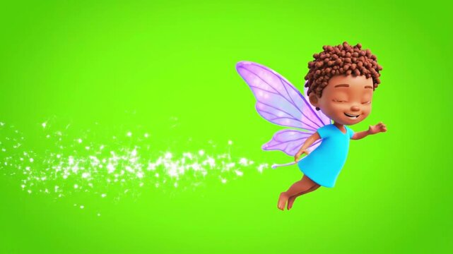 A cute brown-skinned cartoon fairy with sparkling purple wings gracefully flies against a vibrant green screen background.