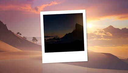 A photograph of a mountain range at dawn, overlaid on a desert scene at sunset