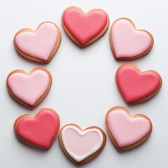 Fototapeta premium Delicious heart shaped cookies with pink and red icing arranging a circular frame, symbolizing love and romance