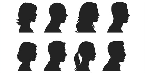 Eight Black Silhouette Profile Portraits of Men and Women on White Background heads faces