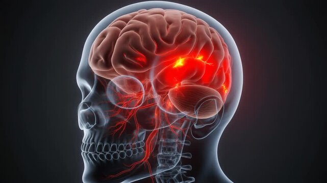 3D medical animation visualizing a human brain inside a transparent skull, highlighting blood