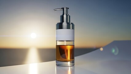 Amber liquid in a dispenser bottle on a reflective surface at sunset