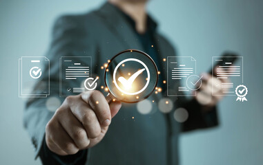 Business professional using magnifying glass to verify digital documents with checkmark icons. Concept of quality assurance, audit process, compliance, document verification, risk management, business