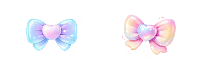 Pastel gradient bows on transparent background, cute iridescent ribbon bowknot icons, kawaii sticker design elements
