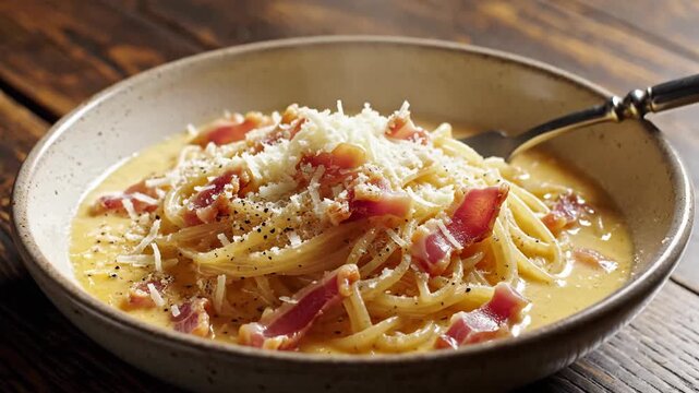 A bowl of creamy spaghetti carbonara topped with bacon and cheese.