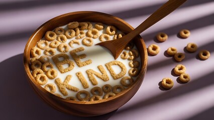 cereal bowl with milk and be kind message spelled out in cereal pieces on table