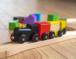 Fototapeta premium Close-up of a colorful wooden train toy on a wooden track