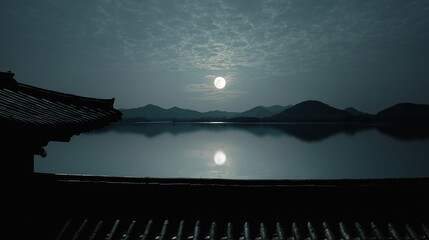 Full moon reflection and roof