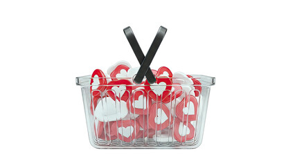 Shopping basket full of red and white heart icons