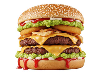 Double cheeseburger with lettuce, cheese, onion rings, and ketchup on a sesame seed bun, savory and appetizing, isolated on transparent background