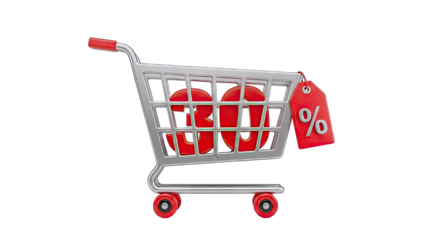 Shopping cart with 30% discount tag and 30 numerals