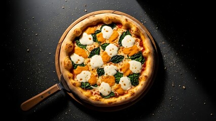 Delicious homemade pizza with mozzarella cheese and spinach on a wooden plate on dark surface
