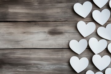 Fototapeta premium White paper hearts arranged on a vintage wooden background, creating a romantic and loving concept with copy space